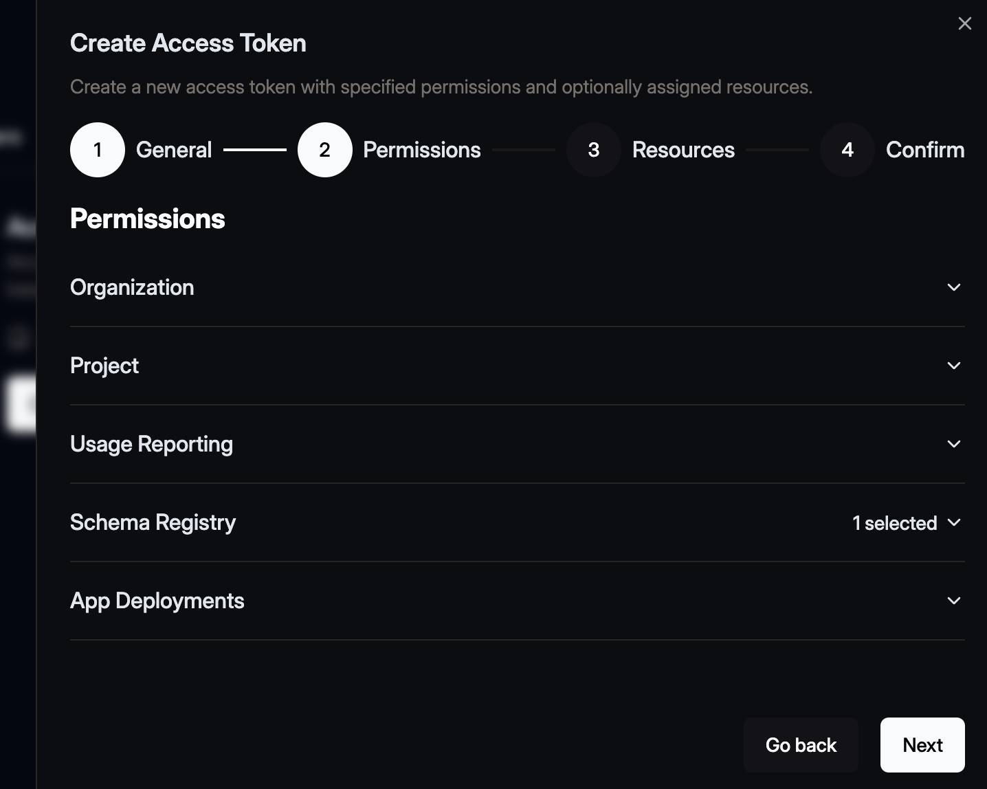 Select permission scopes for the access token